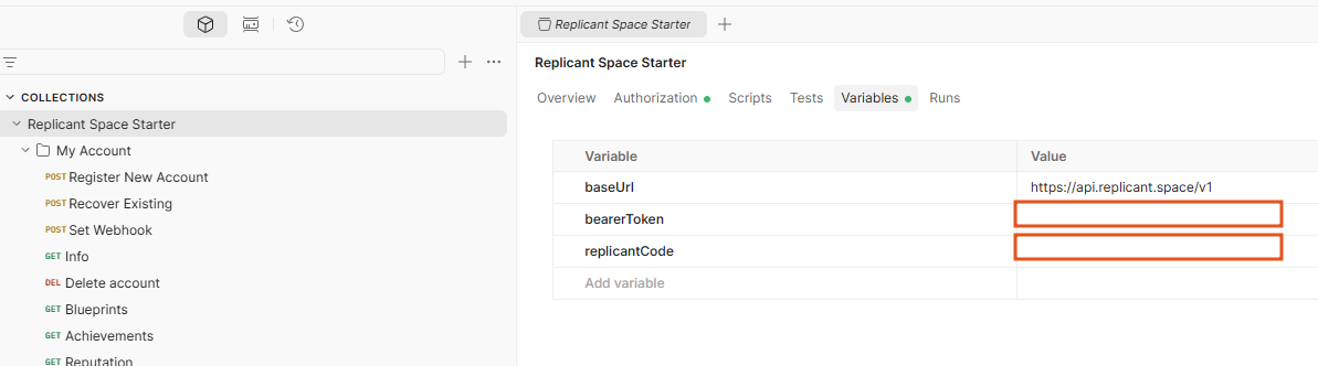 Postman collection variables panel